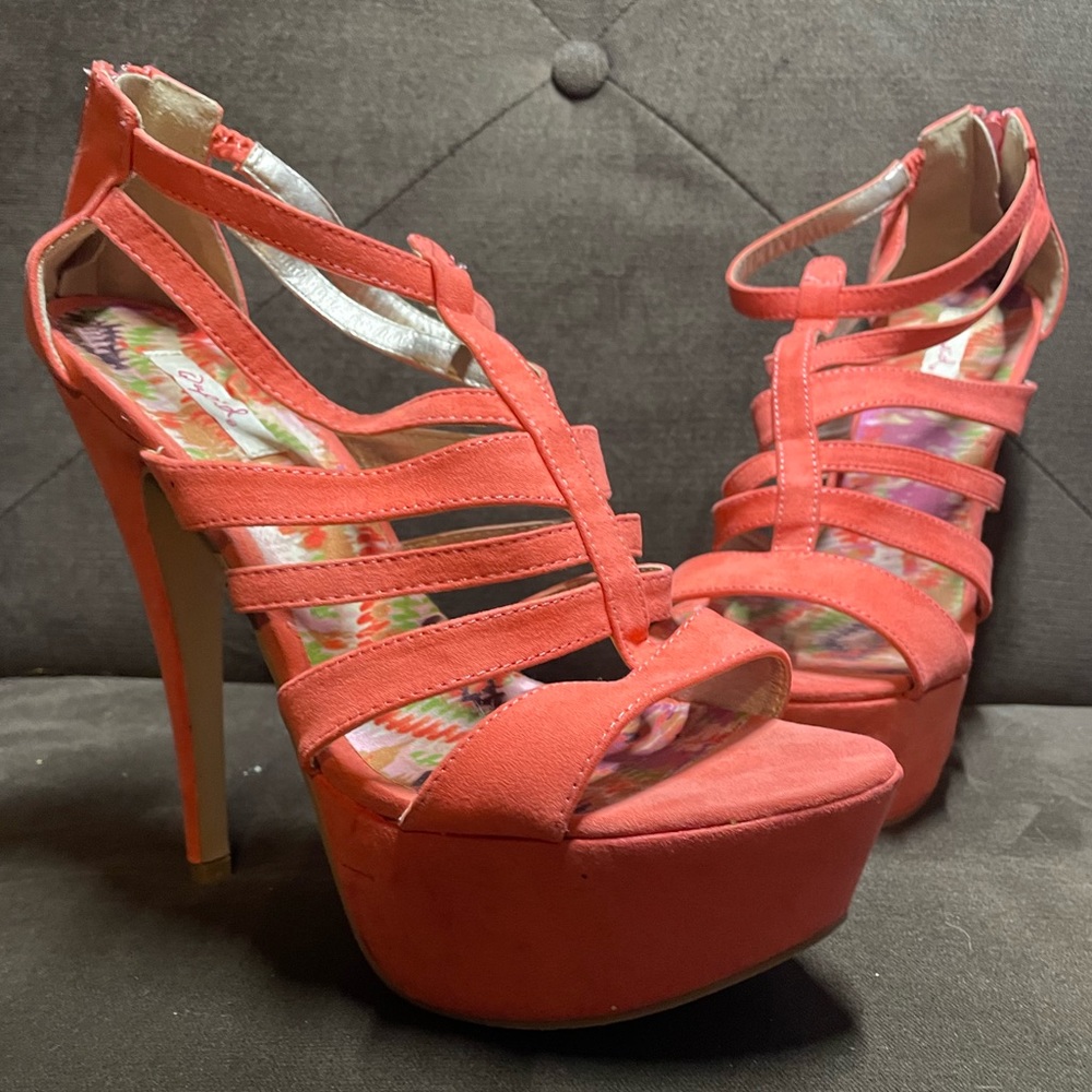 Strappy orange platform dress heels